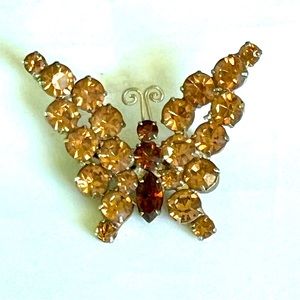 VTG Verified Juliana D&E Butterfly Amber Rhinestones Gold Tone